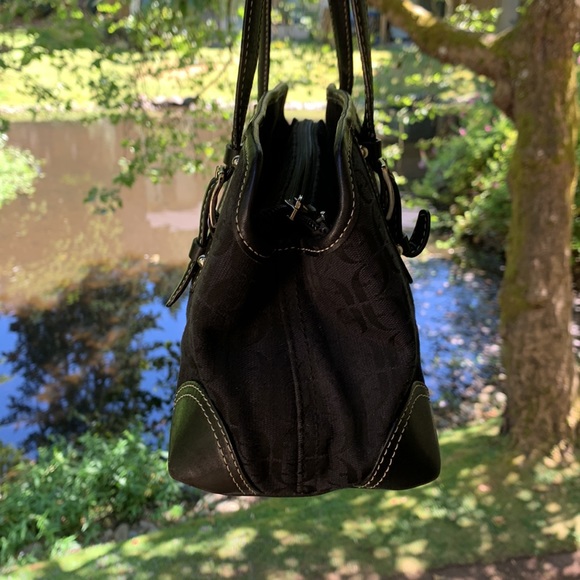 Vintage Fossil Shoulder bag large black leather canvas silver hardware Y2K - Picture 7 of 15